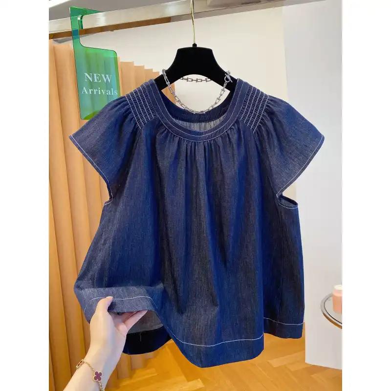 All Match Washed Soft Denim Shirt for Women's Summer New Style Loose and Lightweight Casual Small Shirt Small Fly Sleeve Top