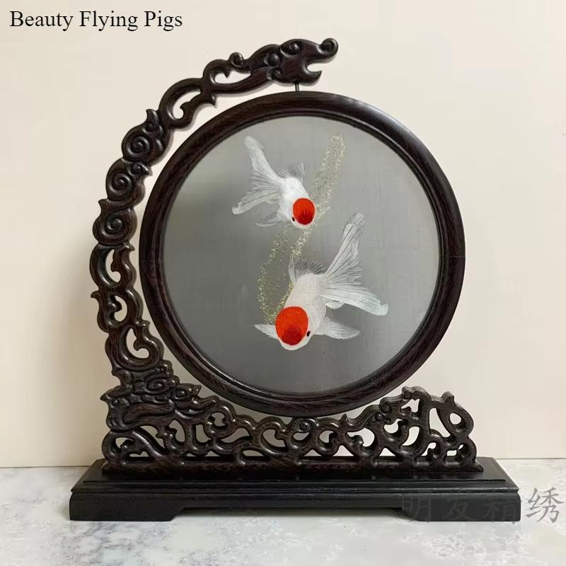 1pc, Su Embroidery Ornaments, Chinese Embroidery Crafts, Double Sided Embroidered Ornament, Solid Wood Desktop Decoration