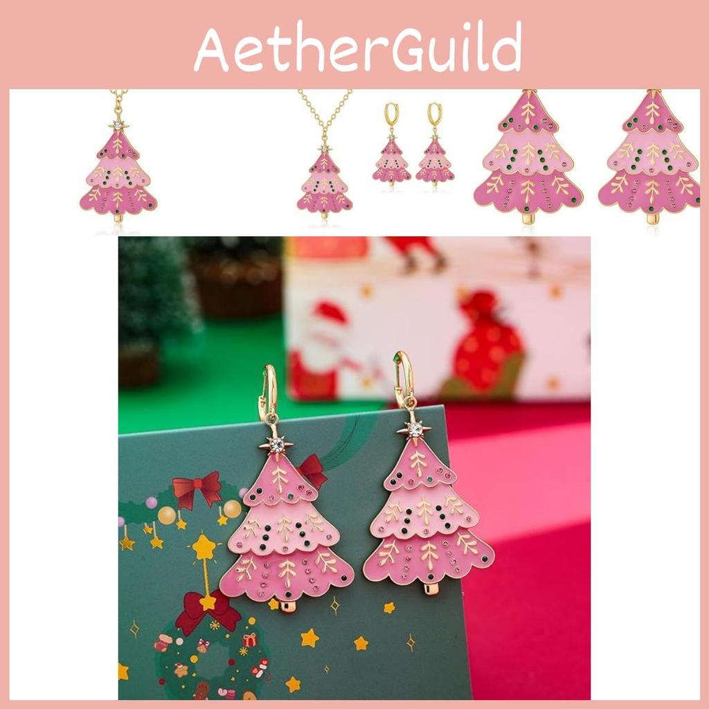 Charming Geometric Pink Christmas Tree Earrings And Necklace For Trendy Winter Fashion
