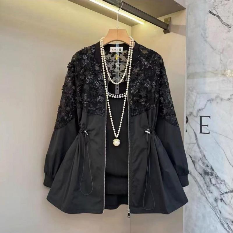 Summer Three Dimensional Flower Windbreaker Plus Size Women's Fat Sister Western Style Joker Slim Lace Stitching Long Sleeve Coat