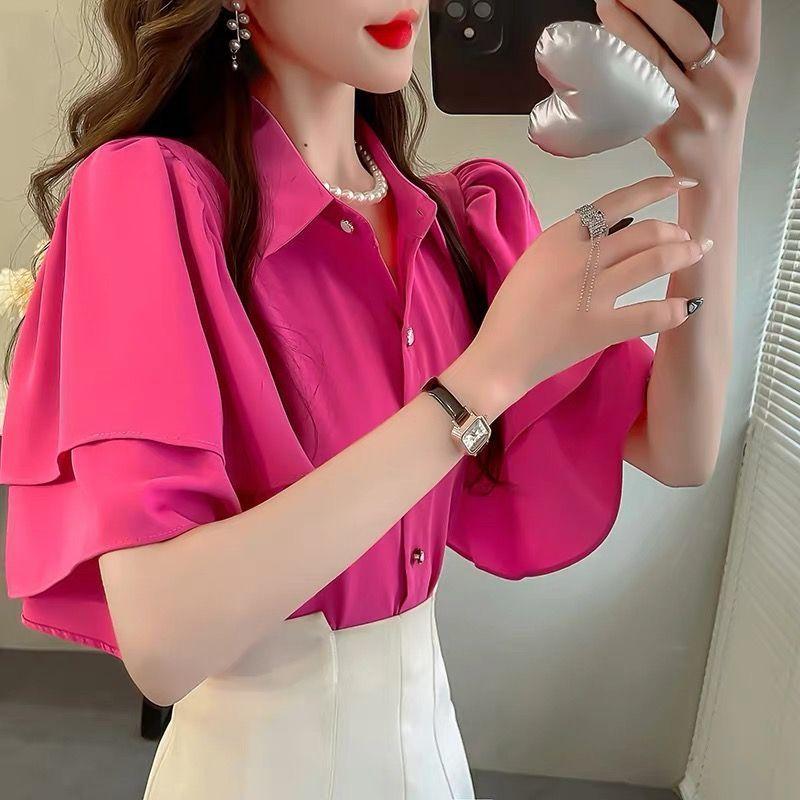 French Lady's Summer Loose Shirt Women's Loose Blouse Solid Color Fairy Style Ruffle Short Sleeve Chiffon Top