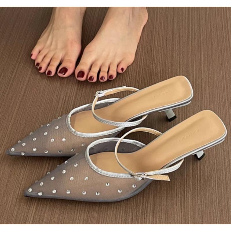 New Style Crystal High Heels Women Slippers Pointed Toe Mesh Mules Shoes Women's Sandals Elegant Summer Fad Slides Ladies Shoes