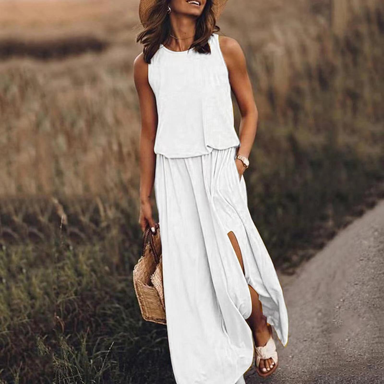 

Vacation Style Flowy Sleeveless Strap Maxi Dress with Ruffle Sleeves & High Slit - Solid Color Round Neck S білий