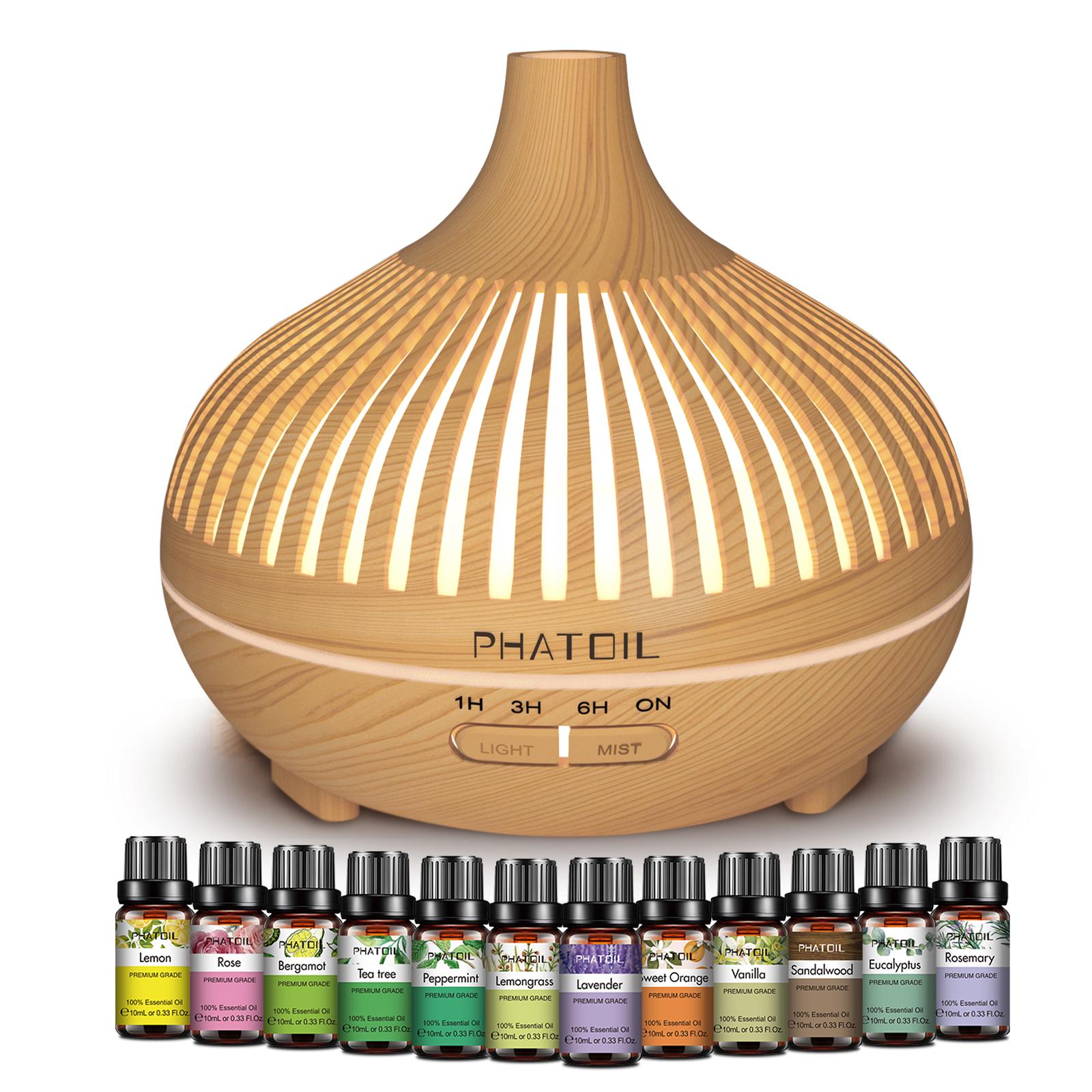 

PHATOIL 500 мл диффузор эфирного масла с подарочным набором эфирных масел 12 шт., ароматерапевтический диффузор-увлажнитель для большого помещения, домашнего офиса UK-500ml Wood Humidifier+12 Essential Oil