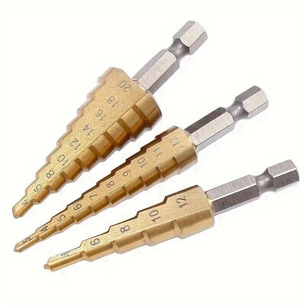 3pcs Step Drill Bit Set, HSS Titanium Step Drill Bits for Wood Metal Hole Cutter with Portable Bag, 3-12mm 4-12mm 4-20mm