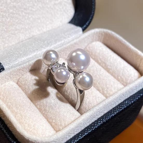 Women Ring French Style Adjustable Opening Finger Ring with Imitation Pearls Cubic Zirconia Design Jewelry Gift