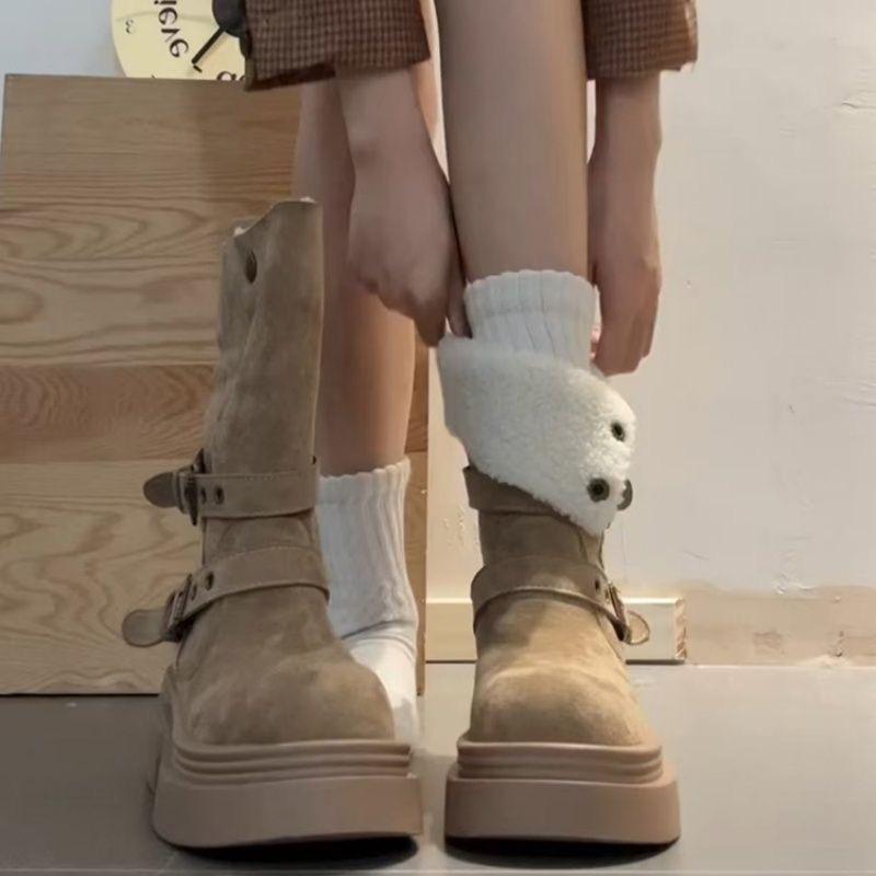 Britisch-Amerikanische Martin-Samt-Schneestiefel mit dicker Sohle für Damen, Retro, Neu, Winter, Hoher Schaft, Erhöhende Martin-Stiefel