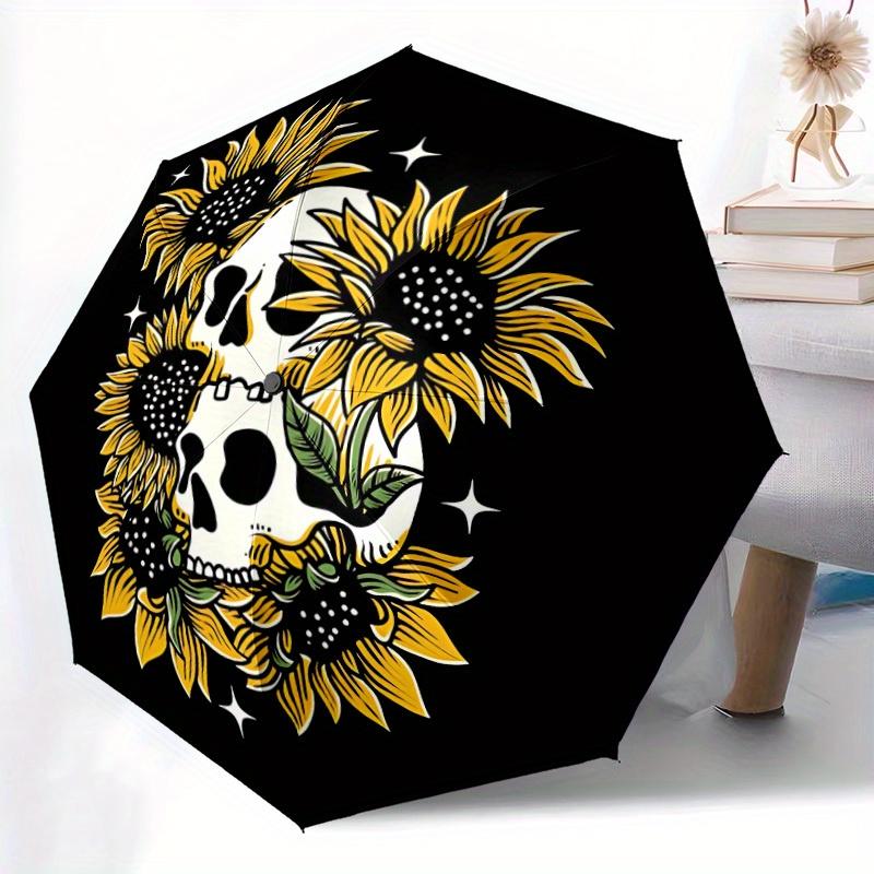 1pc Skull Sunflowers Auto Open/close, All-Season Portable Folding Umbrella for Women & Men, Travel, Everyday, Formal Events - Compact Luxury Parasol,