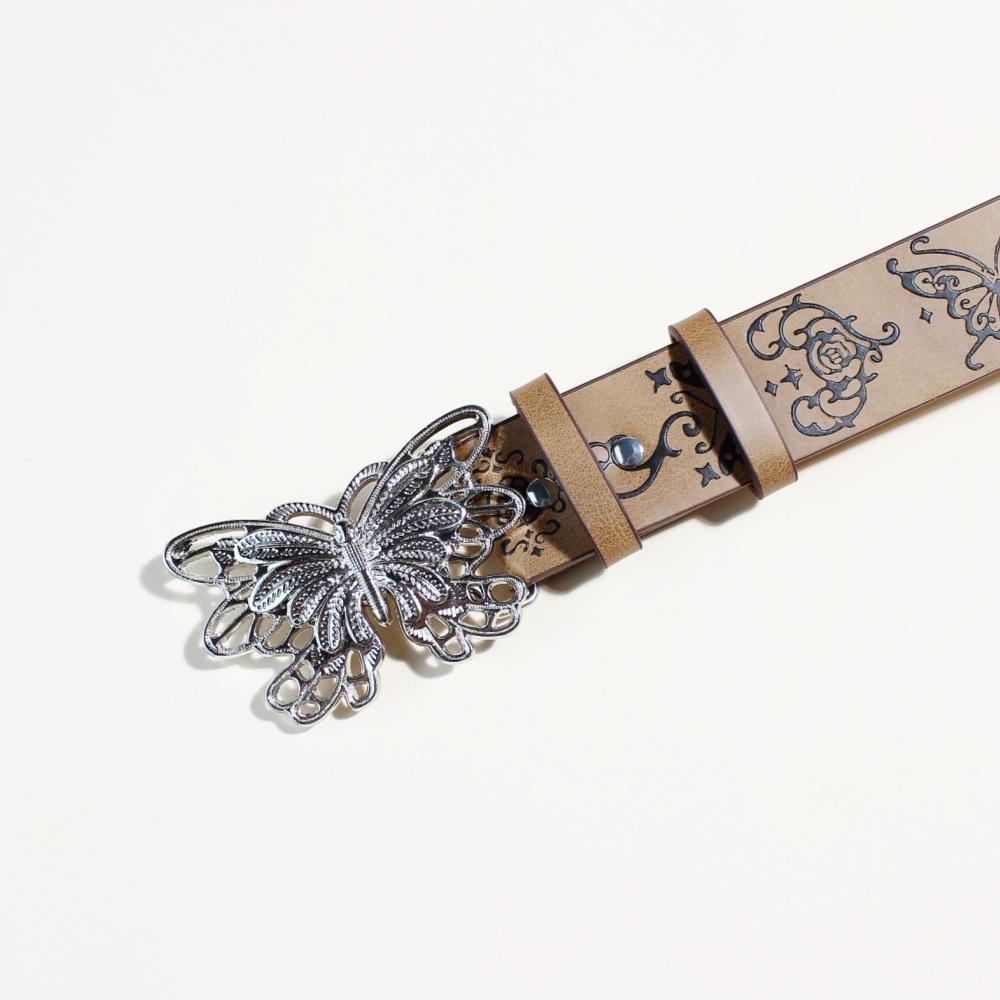 Brown Women'S Butterfly Buckle, Snap Buckle Belt, Retro Butterfly Embossing Pattern, Wearing Accessories Temperament