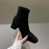 Autumn and Winter New Giant Beauty Is Easy To Wear Square Head Thick Heel Suede High Heel Elastic Thin Boots Temperament and Ankle Small Short Boo