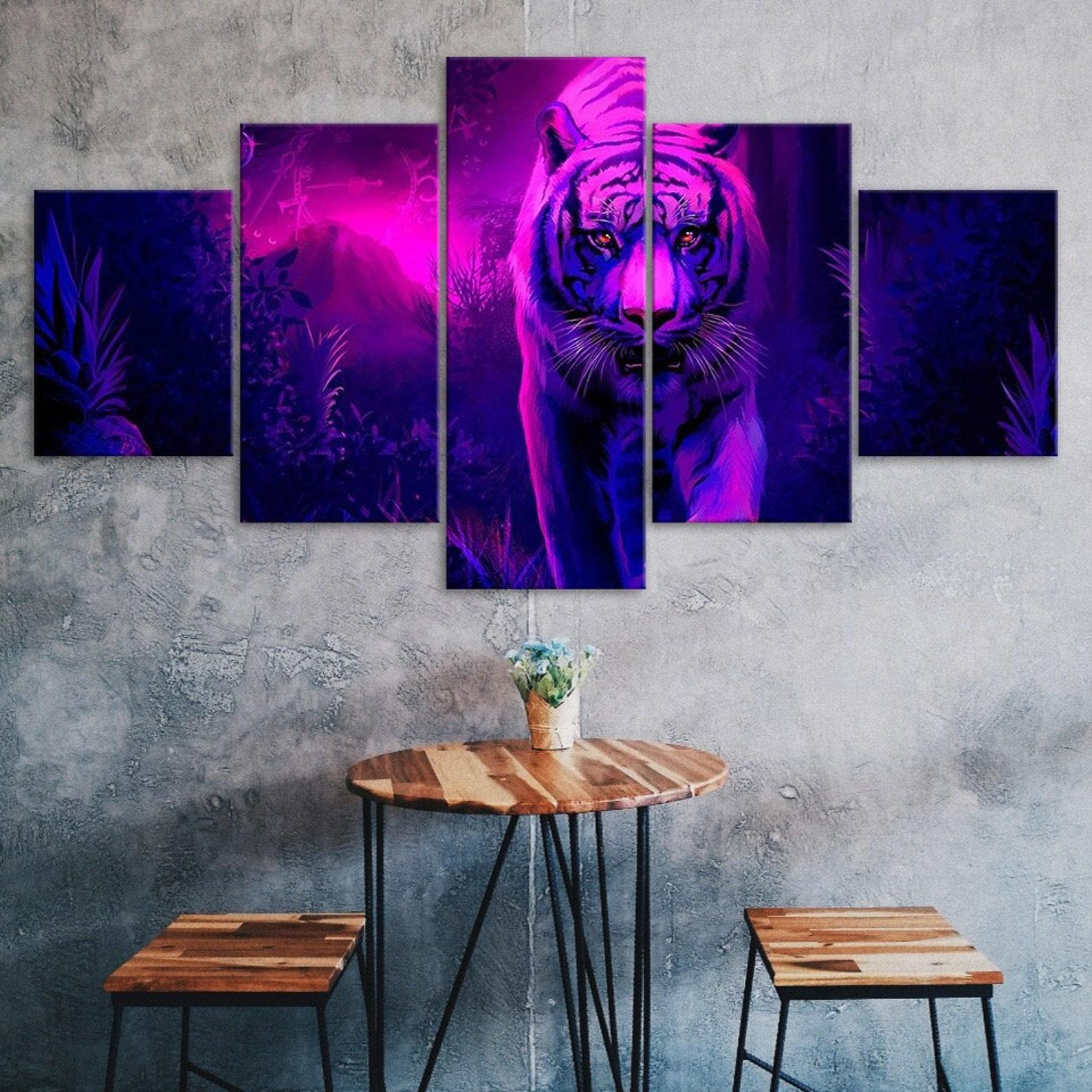 

Mystic Tiger Purple Forest Scenery 5 Piece Five Panel Wall Canvas Print Modern Art Poster Picture Home Decor Gift For Him For Her 20X35 20X45 20X55CM