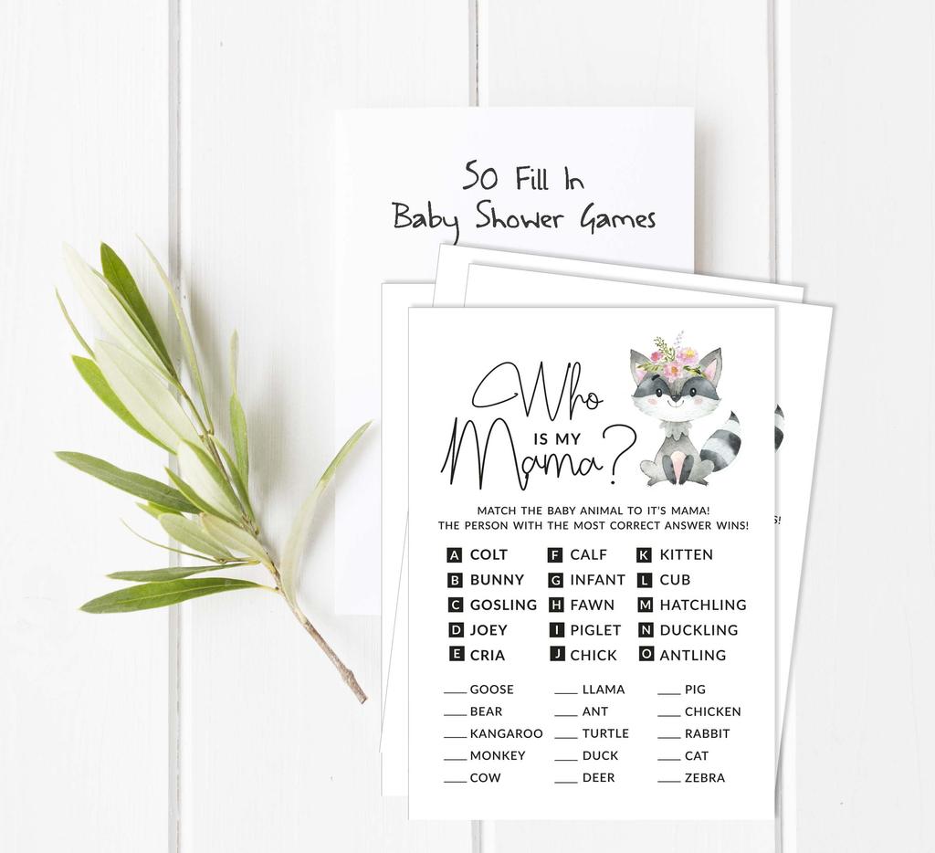 Inkdotpot Floral Raccoon Baby Shower Game Set Of 50 BabyA  AlphabetA  ABCA  Game Gender Neutral Party