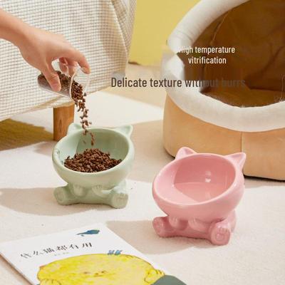 Ceramic Cat & Dog Food Bowl with Elevated Design for Neck Protection & Spill Prevention