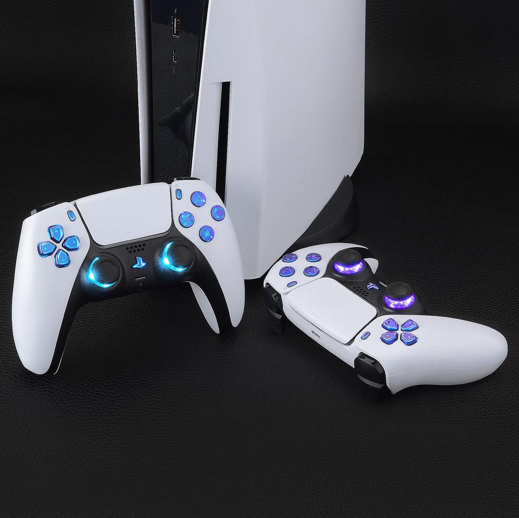 This is not a but an eXtremeRate PS5 controller compatible Chameleon Gloss multicolor illuminated Share and home face DTF V3 LED kit in Chameleon