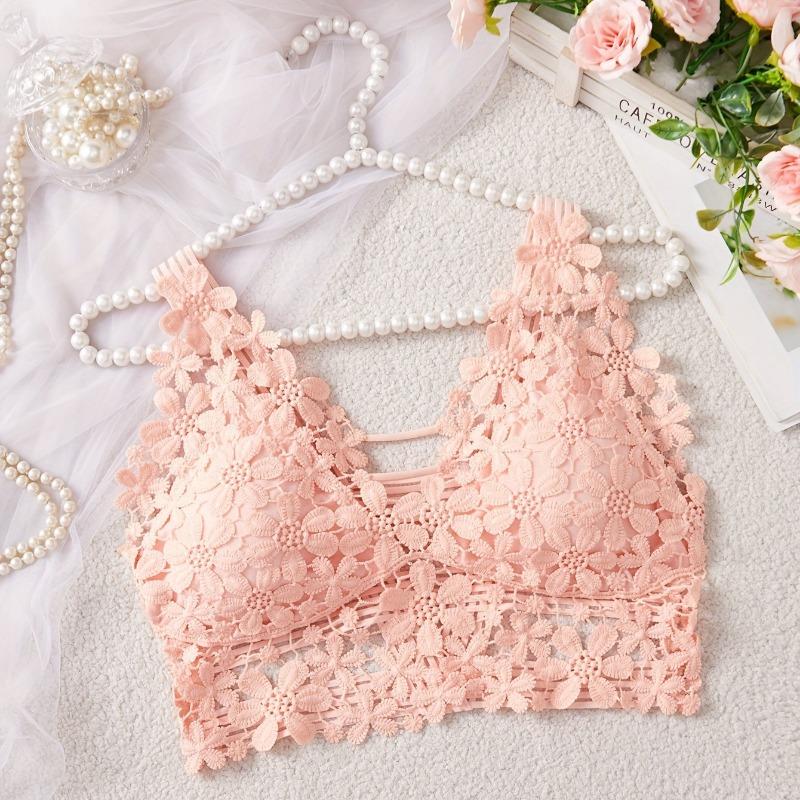 

Женский белый кружевной бралетт с цветочным узором, беспроводной, с V-образным вырезом, просвечивающий, укороченный топ S розовый