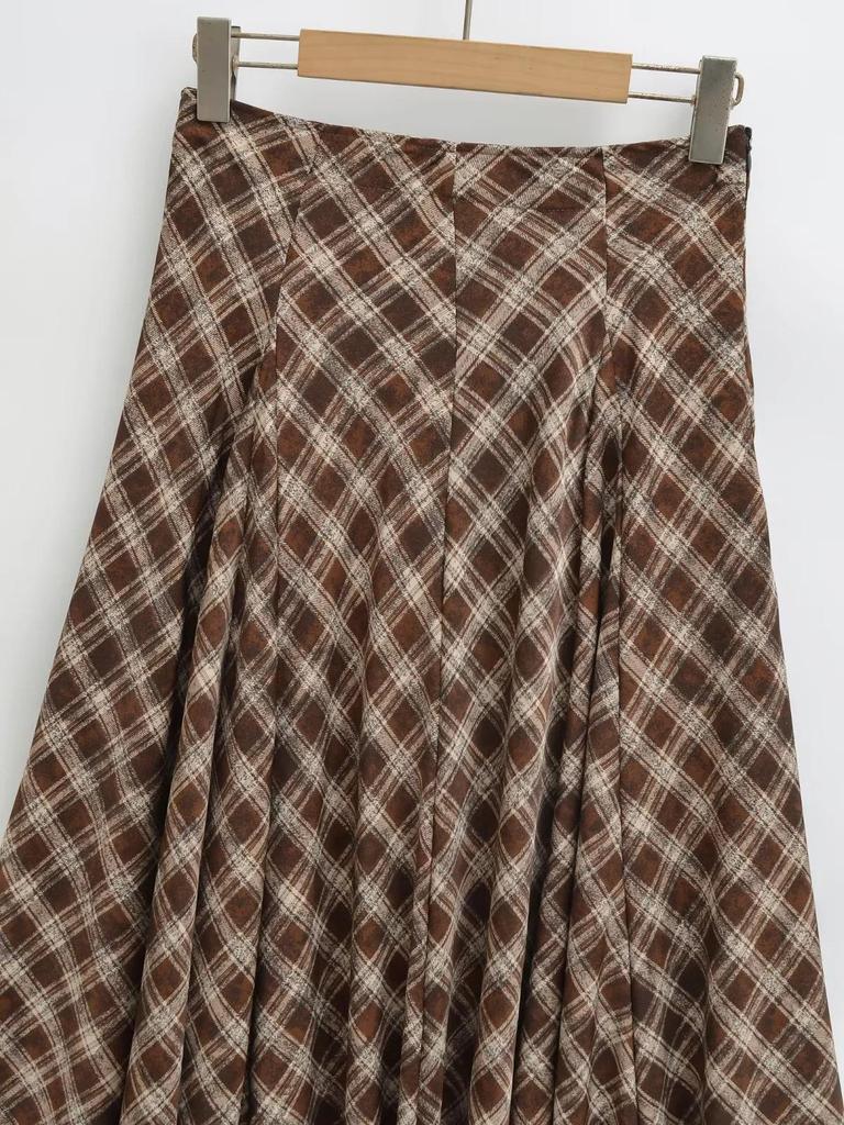 Triangle Panel High-Waisted Plaid A-Line Skirt - Women's Autumn/Winter Retro Style