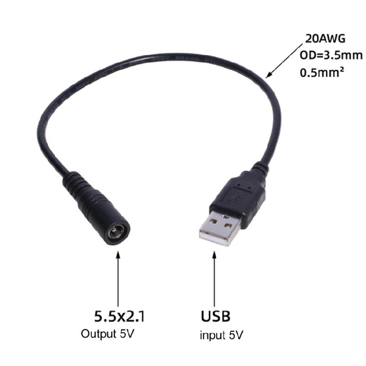 30cm USB to DC 5.5x2.1mm 5V Power Cable Male to Female USB Barrel Connector Wire
