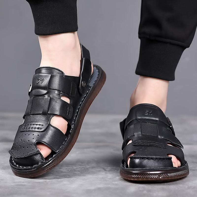 Fashion Summer Luxury Leather Platform Hollow Out Outdoor Beach Men's Sandals Designer Slip-on Soft Sole Casual Fashion Slippers Men