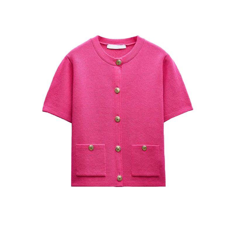 Spring New French style Graceful round Neck Stickers Pocket Decoration Breasted Design Short sleeve Knitted Outerwear 6427031
