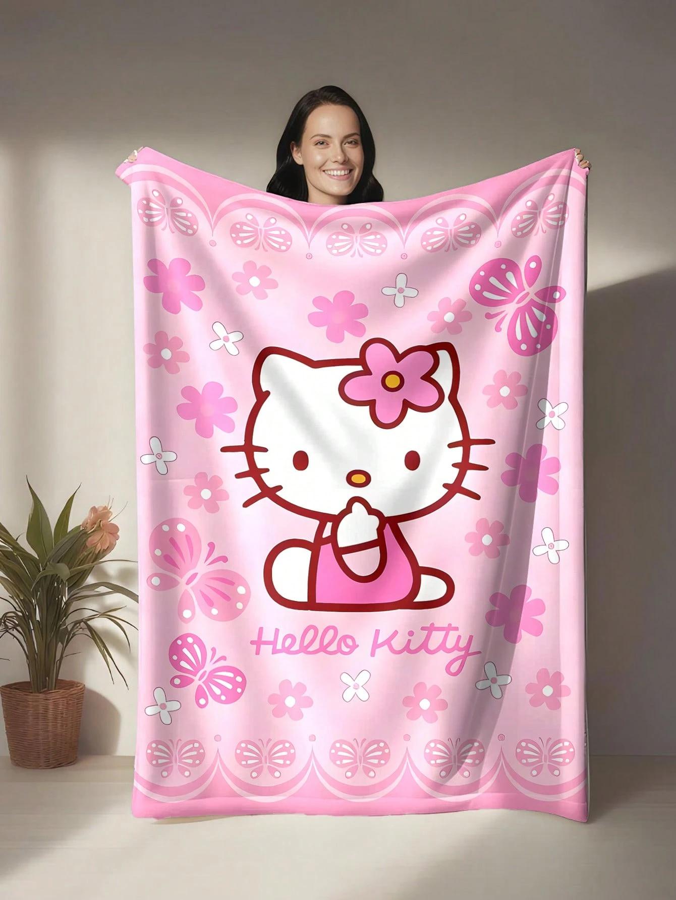 1pc Hello Kitty Floral Butterfly Flannel Blanket, 2D Print Cozy Throw, All-Season Warm Blanket for Bedroom, Living Room & Campin 75cmx90cm