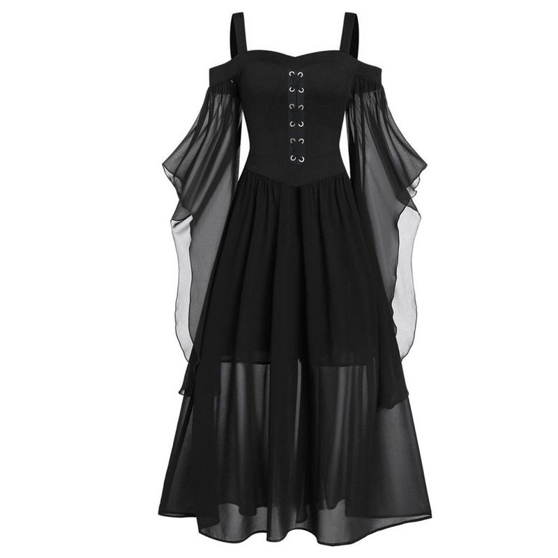

Autumn New Gothic Big Hemline Sleeve Irregular Patchwork Halloween Witch Sling Bandage Big Hemline Dress