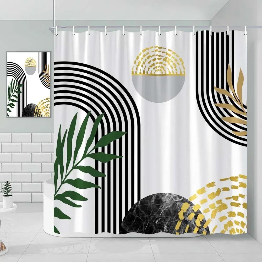 Fabric Geometric Shower Curtain, Mid-Century Modern Geometric Herringbone Chevron Blue Black Gray Square Bathroom Decoration