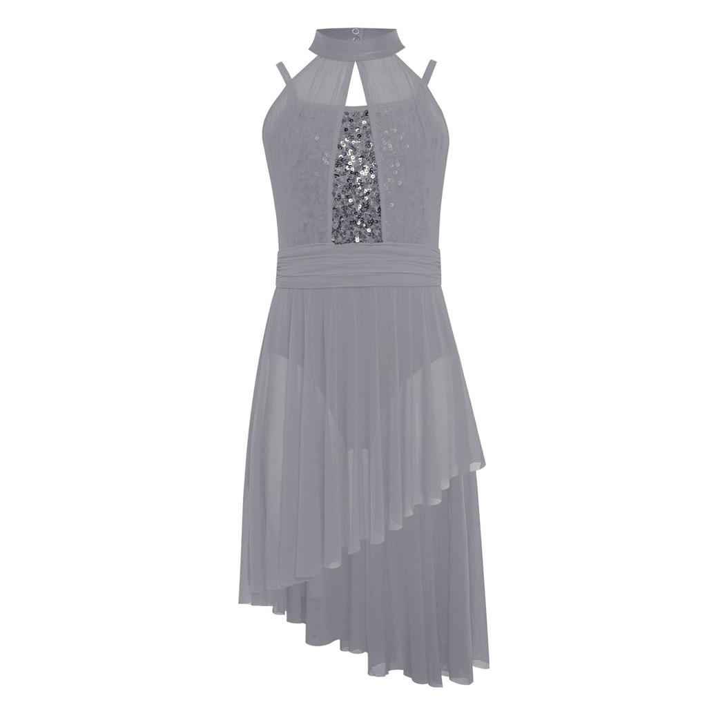 Girls Lyrical Performance Costume Shiny Sequins Sleeveless Asymmetrical Dance Dress with Sheer Mesh Skirt