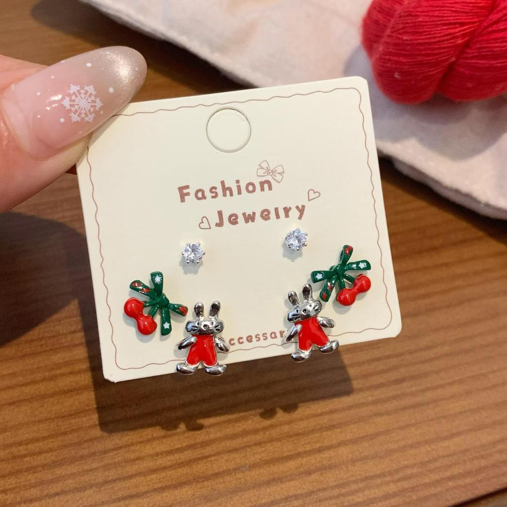 Christmas Red Apple & Cherry Stud Earrings - Women's Silver Needle Autumn/Winter Fruit Jewelry Set