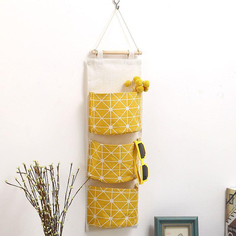 Elegant Space-saving Hanging Storage Bag With Durable Cotton Linen And 3 Pockets For Sundries