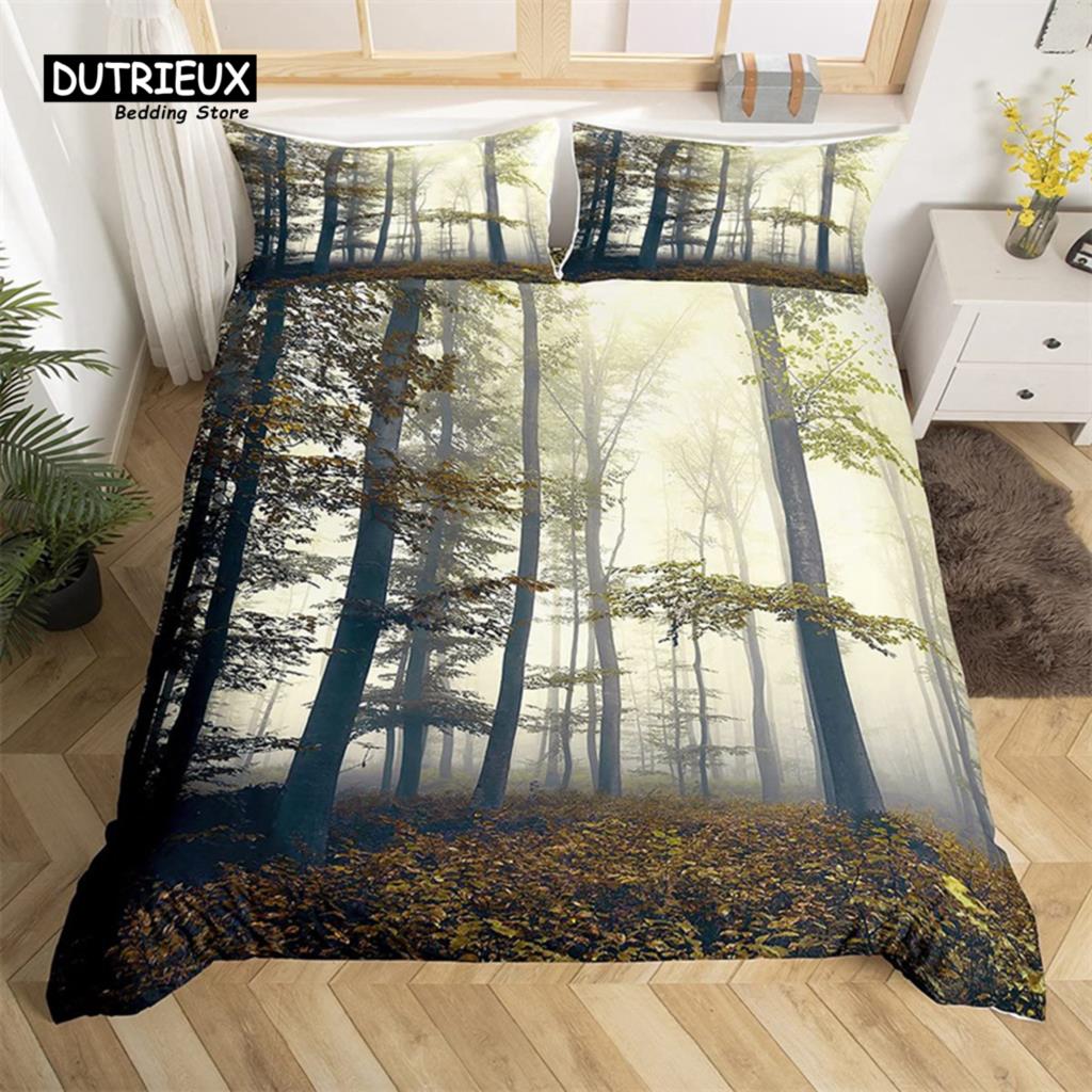 Dense Birch Trees with Red Leaves Duvet Cover Tree Lush King Bedding Set Polyester Jungle Nature Botanical Print Comforter Cover