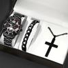 Men's Business Trend 3pcs/set Three-eye Single Calendar Steel Belt Watch + Bracelet + Cross Bracelet Set