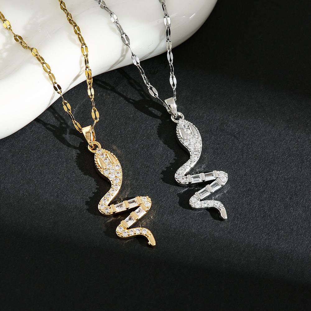 Questa Collana in Acciaio Titanio Presenta un Ciondolo a Serpente Incastonato con Micro-Diamanti; Una Catena per la Clavicola Elegante Adatta Sia per Uomini che per Donne.