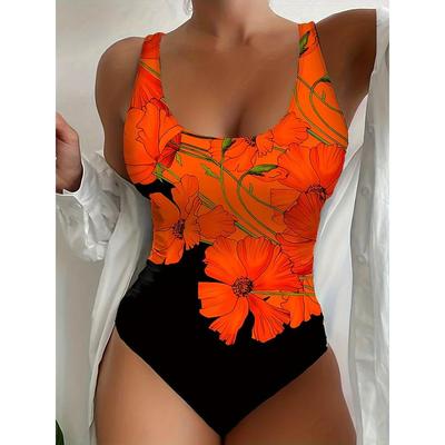 Einteiliger Badeanzug mit Blumenmuster und U-Ausschnitt in Orange und Schwarz, rückenfreier, hochelastischer, stylischer Badeanzug, Bademode und Kleidung für Damen