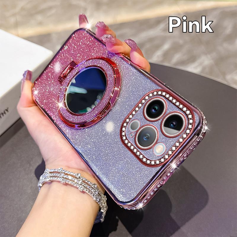 KEYSION Luxury Glitter Jewelled Magnetic Phone Case for iPhone 13 14 Pro Max Makeup Mirror Ring Stand Shockproof Back Cover