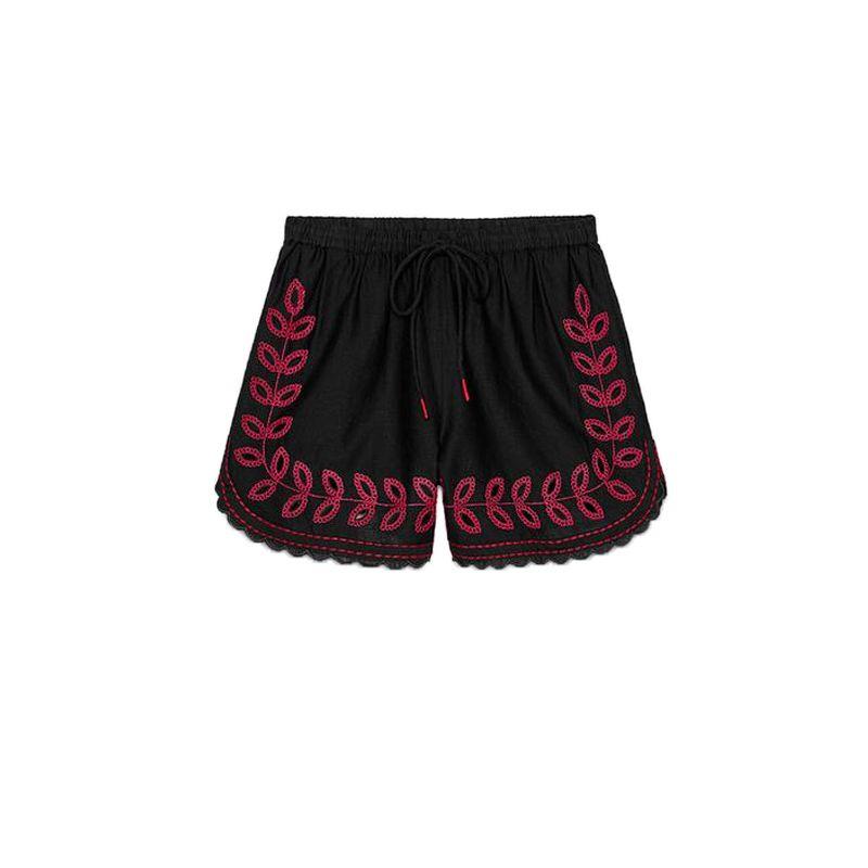 

Cotton Contrast Color Embroidered Lapel Short Sleeve Shirt 5107072 Embroidered High Waist Elegant Shorts 5107071 Black pants L