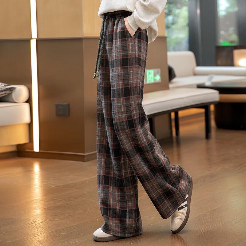 Women's Wide-Leg Plaid Drawstring Casual Pants