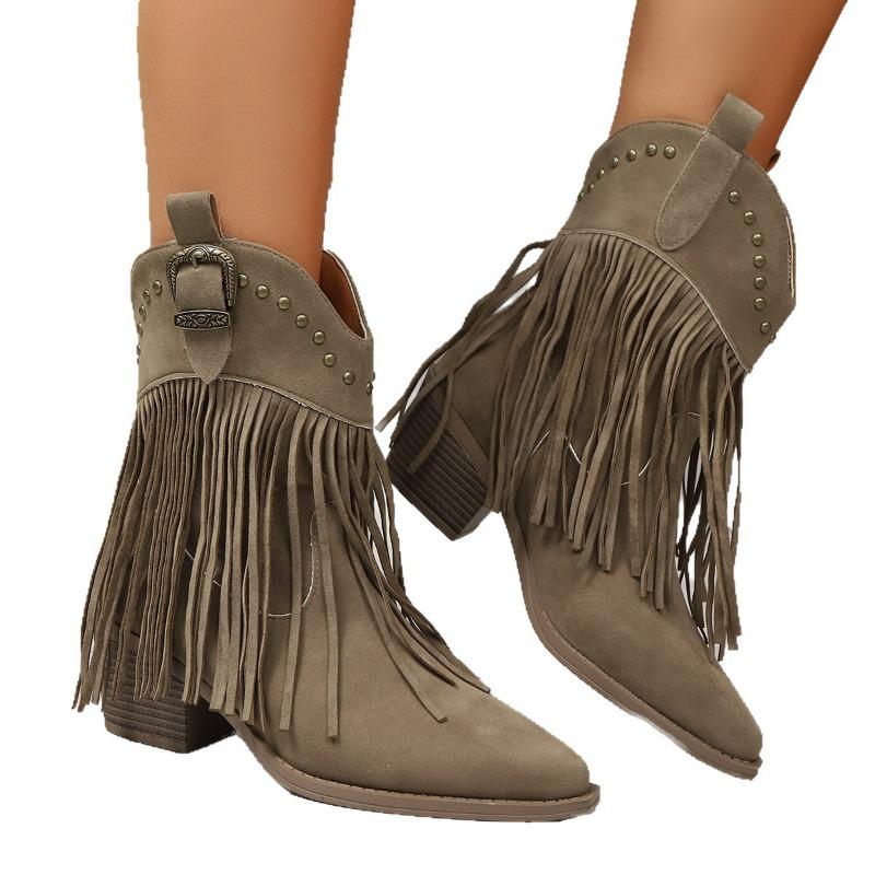 Large size short boots women's autumn new rivet western thick heel fringed boots pointed short boots