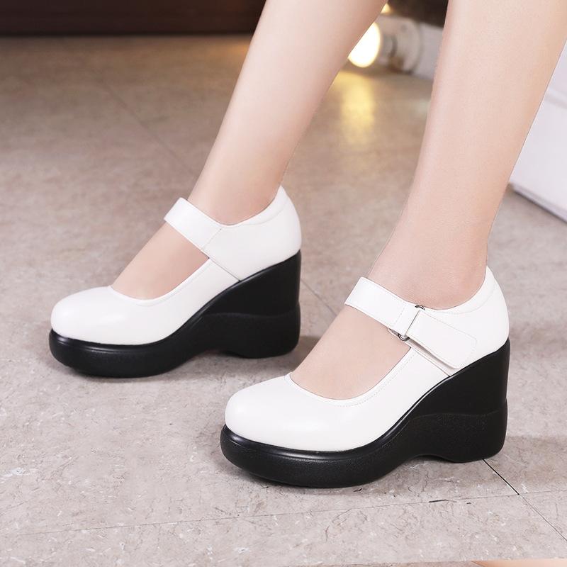 Spring Genuine Leather Women's Shoes Girls' Shoes Fashion 8CM High Heels Pumps Wedges Black Comfortable Female Platform Shoes