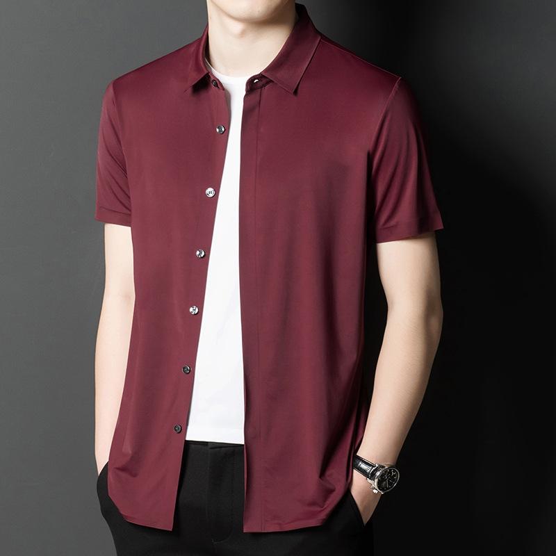 Seamless Iron-free Ice Silk Short-sleeved Men's Shirt Summer New Style Young and Middle-aged Business Casual High-elastic Thin Shirt for Men