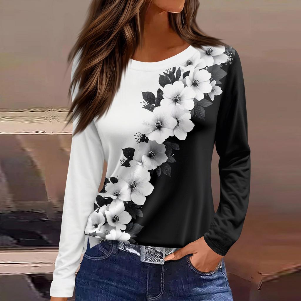 Women's Fashion Casual Slit Hem Round Neck Long Sleeve Loose Printed T-Shirt Ladies Top