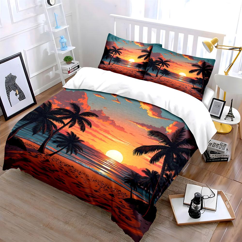 Sunset Beach With Palm Trees Print Bedding Set 1 Duvet Cover 2 Pillowcases For Adult And Children Luxury Gift Full Size