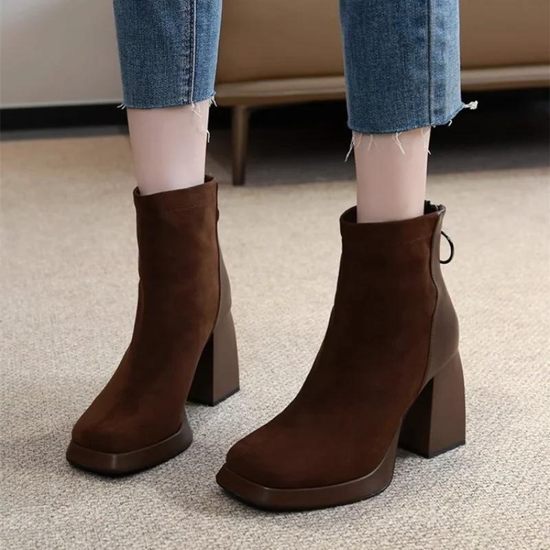 Fashion 2024 Autumn New Korean Fashion Round Head Zipper Women's Thick Bottom Square Toe Boots