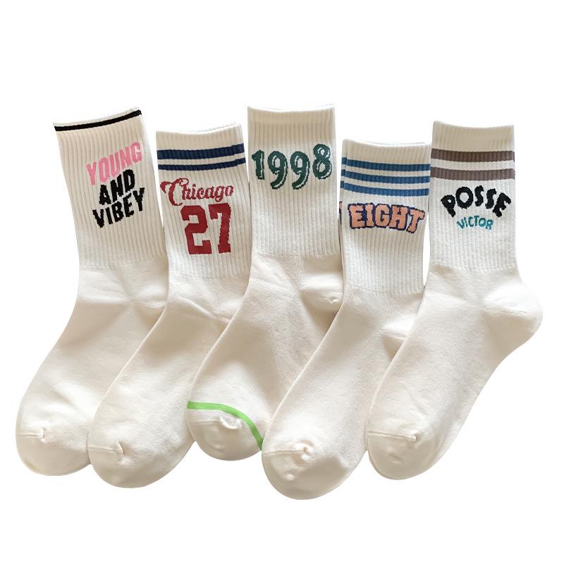 Women's Autumn Winter Boneless Mid-Calf Socks - Korean Style, Breathable, Sweat-Absorbing, Trendy Letter Design
