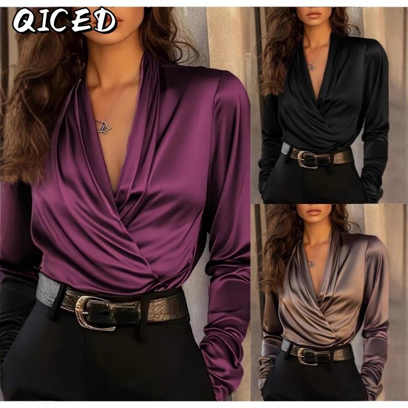QICED Moda dama ocazional toamna iarna cu maneca lunga cu decolteu in V bluze si camasi