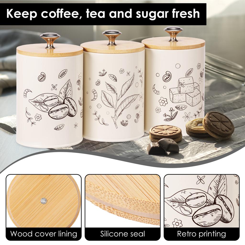 3Pcs Vintage Print Metal Canister Set with Airtight Wood Lids Sugar Tea Coffee Storage Containers Jar for Counter Dining Room