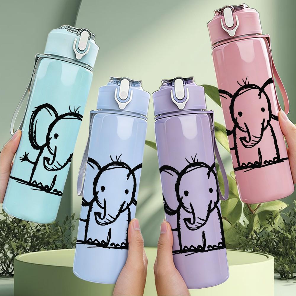 1PC Simple Line Drawing Elephant Print 750ml Color Plastic Sports Water Bottle Leakproof Flip Straw Lid Suitable for Sports Office Home Use