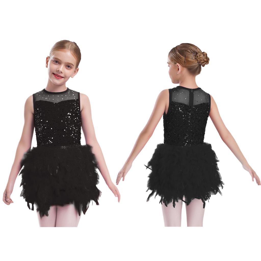 Mädchen Tanzperformancekleid: Rundhalsausschnitt Ärmellos mit Unsichtbarem Reißverschluss am Rücken, Durchsichtiges Netz, Pailletten, Feder Samt & Eingearbeiteter Slip für die Bühne