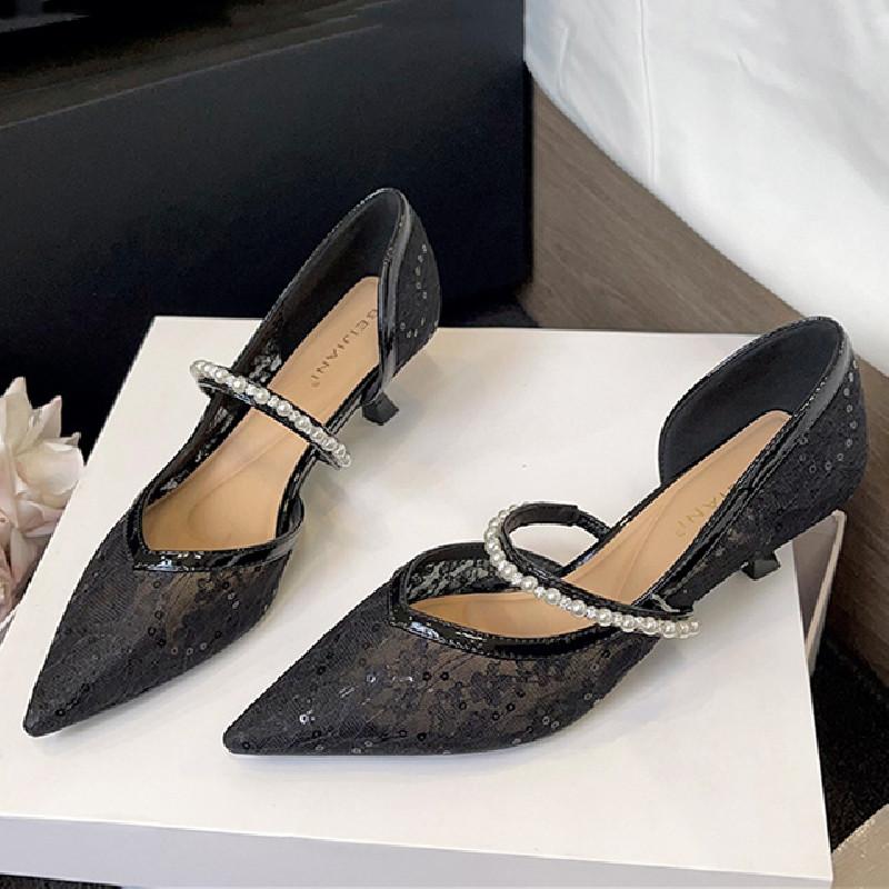 

Модные Роскошные Кружевные Жемчужные Женские Сандалии Высокого Качества Остроносые На Тонком Каблуке С Узкой Перемычкой Шлепанцы Модные Удобные Вечерние Туфли для Платья 39 чёрный