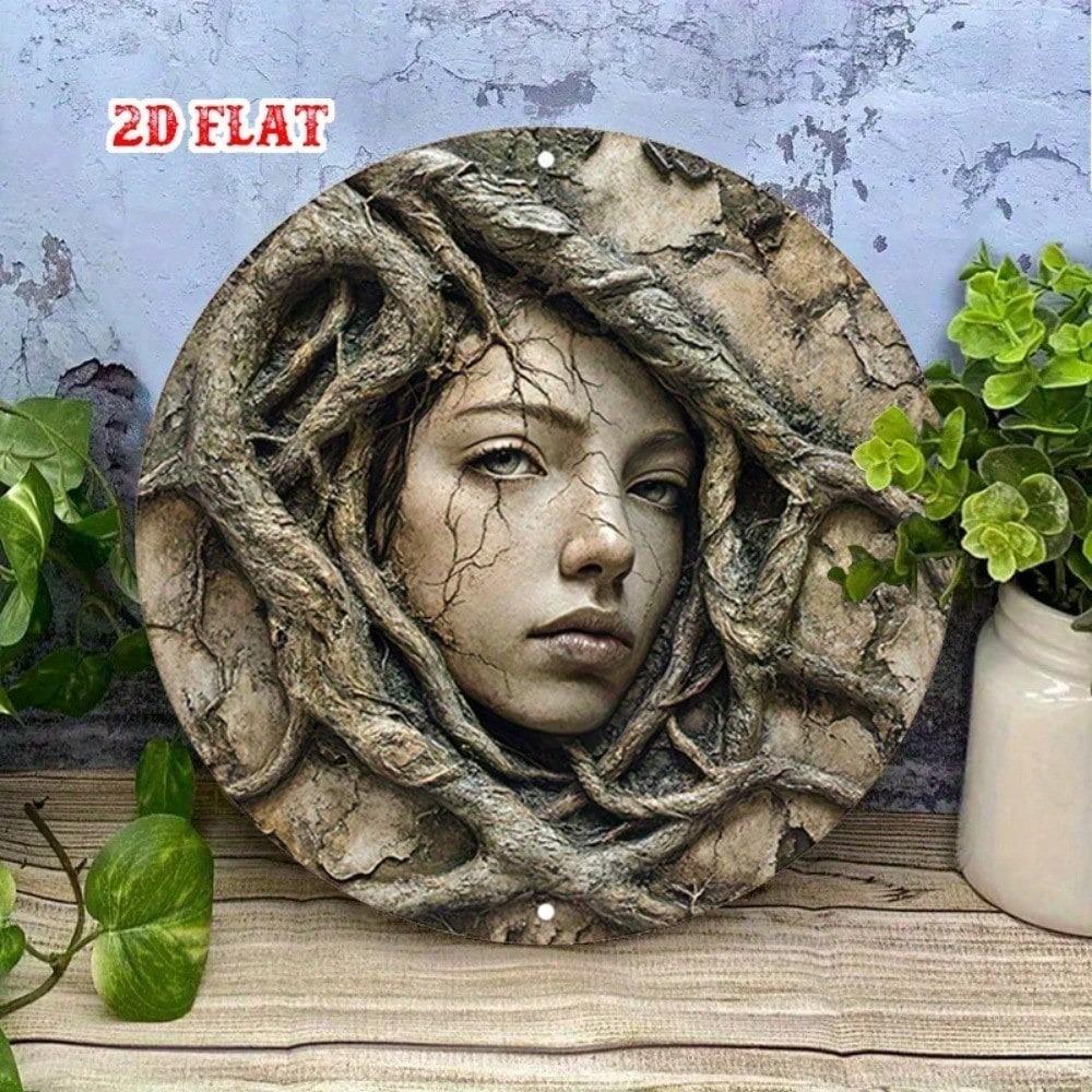 Retro Round Metal Tin Sign 7.8 Inch Stone Face Wall Art Nature Roots Design Frameless Home Decor