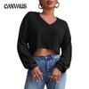 Damen Herbst- und Wintermode Top Einfarbig V-Ausschnitt Crop Langarm Strickware